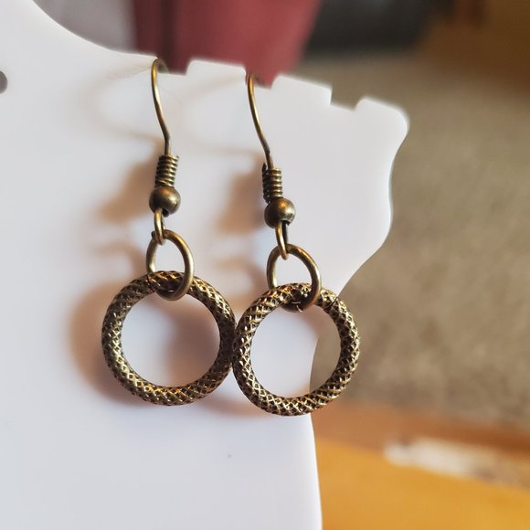 Bronze Tone Small Hoop Dangle Earring Artisan Hook - Picture 1 of 2